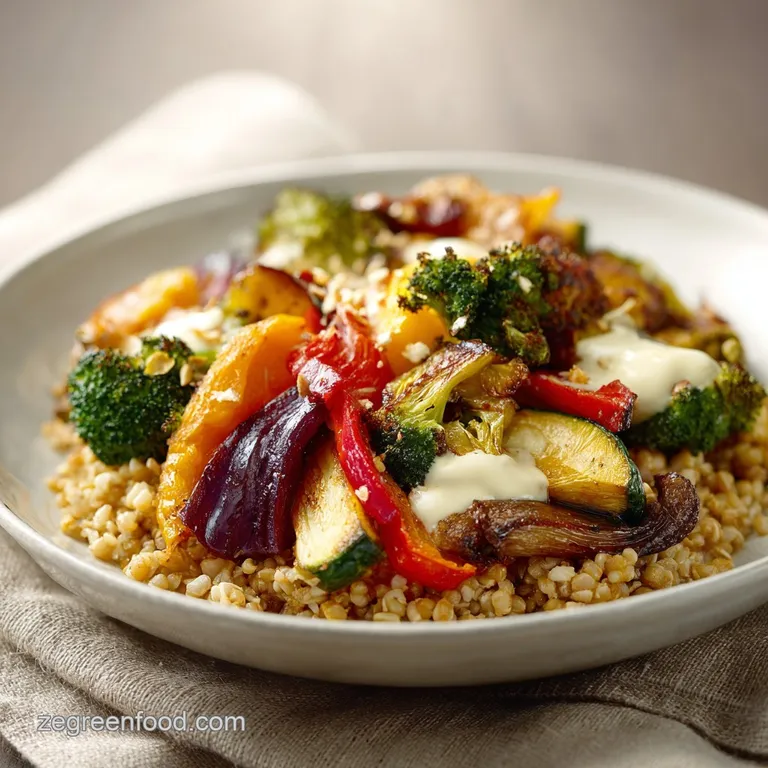 A bright grain bowl featuring colorful roasted veggies artfully arranged, dolloped with hummus and garnished with verdant ...