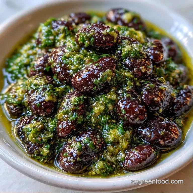 A bright bowl of legumes topped with tangy green sauce, sliced avocado, and a sprig of cilantro on a light table.