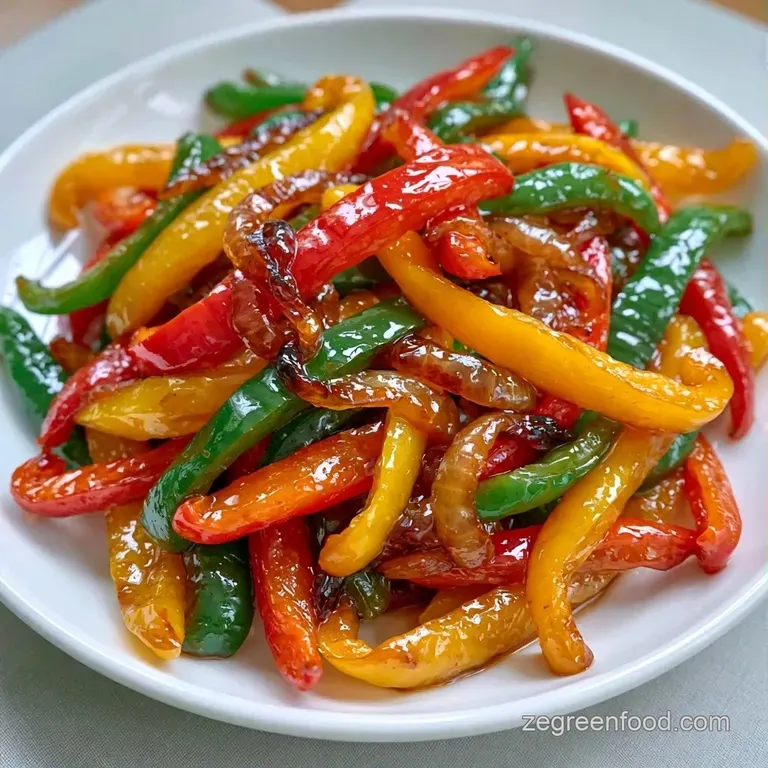 Vibrant strips of softened peppers and glazed onions served in a rustic cast iron skillet with fresh green parsley.