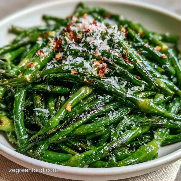 Tender, curly green roasted stalks neatly stacked on a white plate, drizzled with golden oil and flaky sea salt.