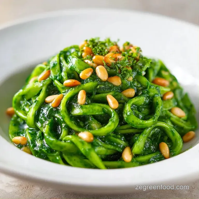 Elegant swirl of emerald green pasta on a matte black plate, garnished with halved cherry tomatoes and cracked pepper.