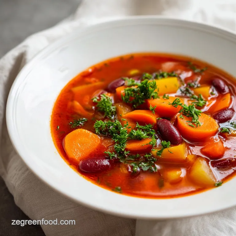 Elegant white bowl of vibrant vegetable soup garnished with a sprinkle of parmesan and a fresh parsley leaf.