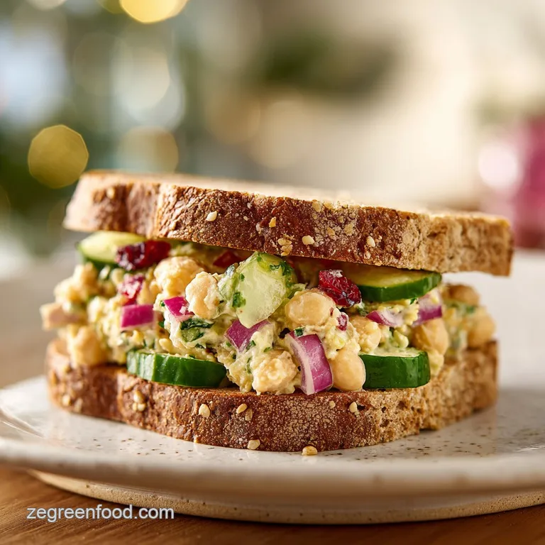 Chickpea salad sandwich: toasted bread bursting with a textured, pale yellow filling, vibrant green lettuce and ripe red t...