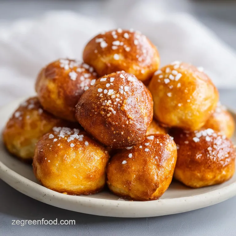 Warm, salted dough nuggets arranged on a wooden board with small ceramic bowls of glossy yellow cheese sauce.
