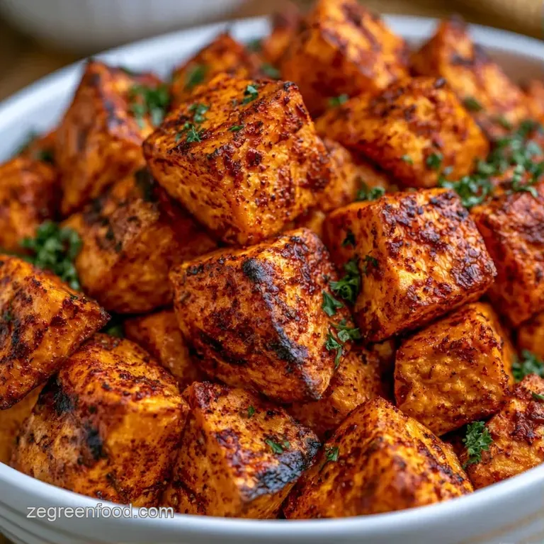 Colorful medley of roasted orange sweet potatoes, golden corn, and black beans topped with a lime-cilantro crema.