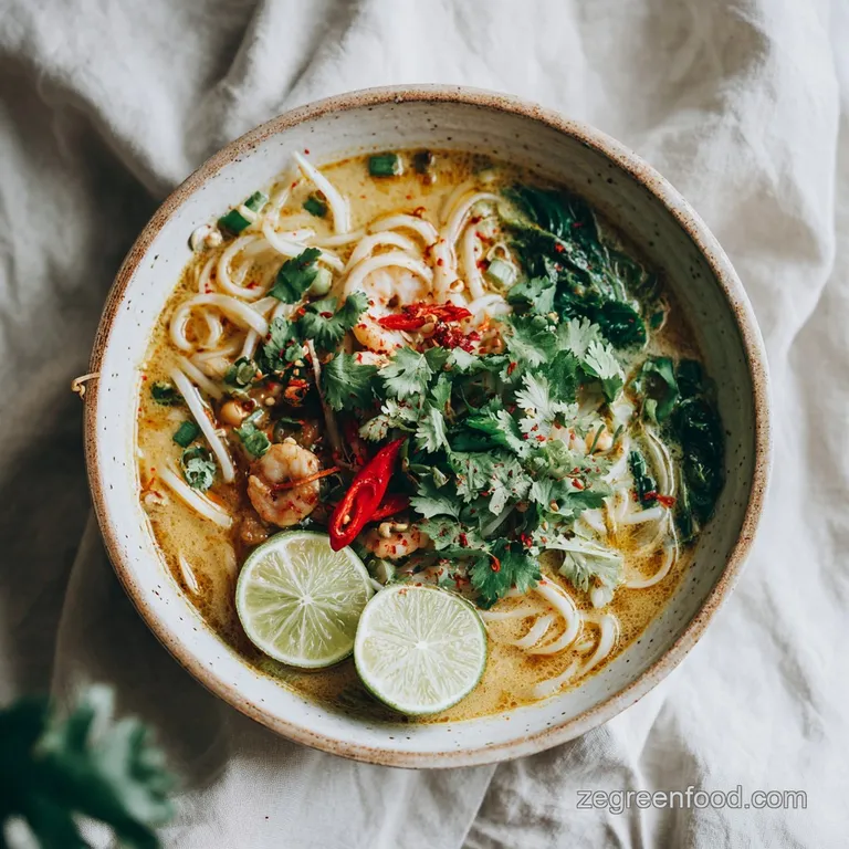 A steaming bowl of creamy broth, adorned with fresh cilantro, chili slices, and perfectly cooked noodles.