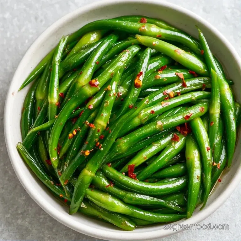 Bright green pickled stalks arranged on a white ceramic plate, garnished with peppercorns and red pepper slices.