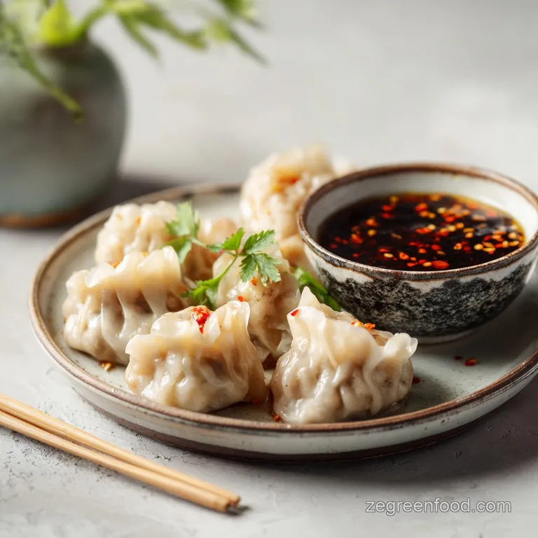 Delicately arranged steamed pork dumplings, showcasing their tender wrappers, rest on a white plate with a small dipping s...