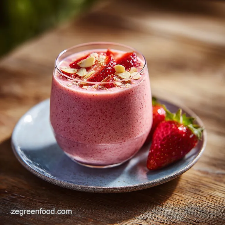 Tall glass of layered pink smoothie with banana slices, chia seeds, and a sliced strawberry, against a bright, airy backdrop.