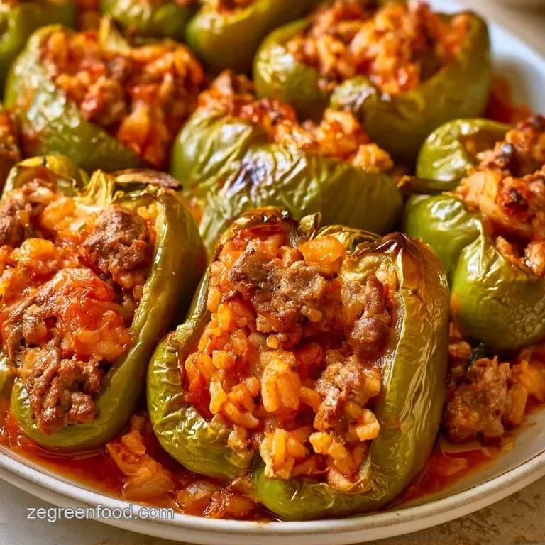 Two roasted green peppers on a white plate with a drizzle of red sauce and a sprinkle of fresh green parsley.