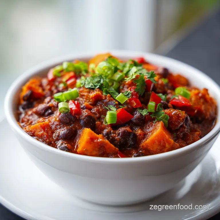 Steaming bowl of rustic chili, garnished with fresh cilantro and a dollop of cool sour cream, offering inviting textural c...