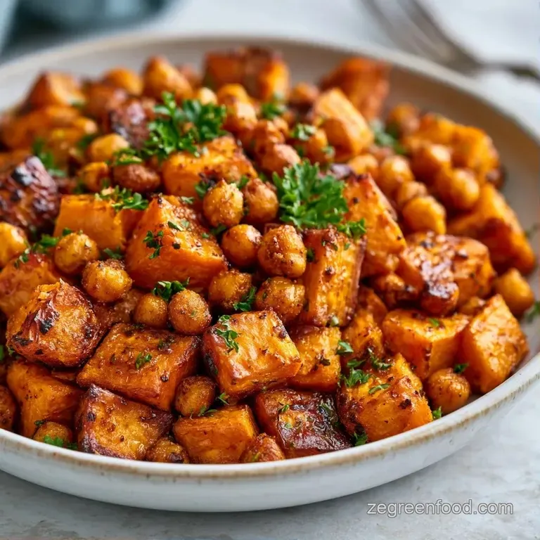 Vibrant orange root vegetables and toasted chickpeas arranged over fluffy quinoa with a drizzle of creamy tahini.