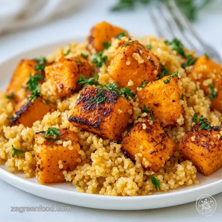 Vibrant bowl of roasted orange sweet potatoes, fluffy quinoa, and bright green kale drizzled with a creamy tahini sauce.