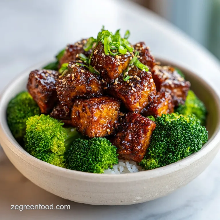 Teriyaki tofu and broccoli artfully arranged in a bowl, steam rising, hints of sesame seeds and vibrant green onions.