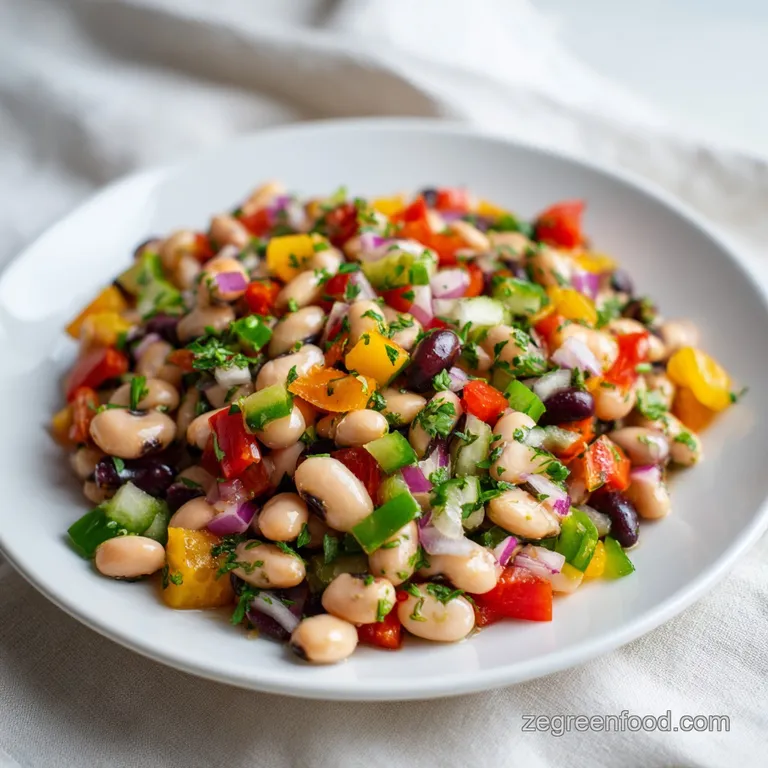 A vibrant bowl of Texas Caviar, showcasing bright bell peppers and tender black beans.