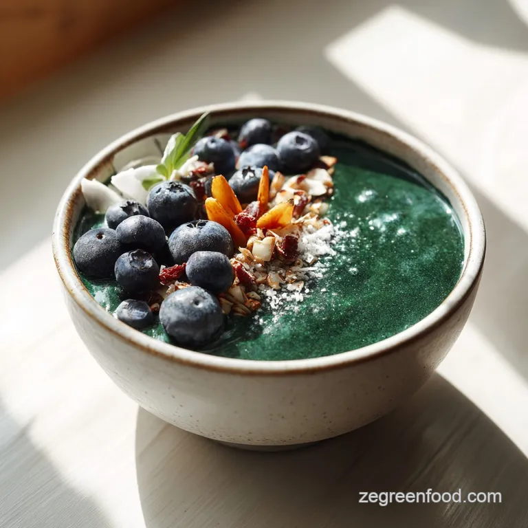A verdant smoothie bowl artfully arranged with sliced kiwi, dragon fruit, and chia seeds, resting on a rustic wooden surface.