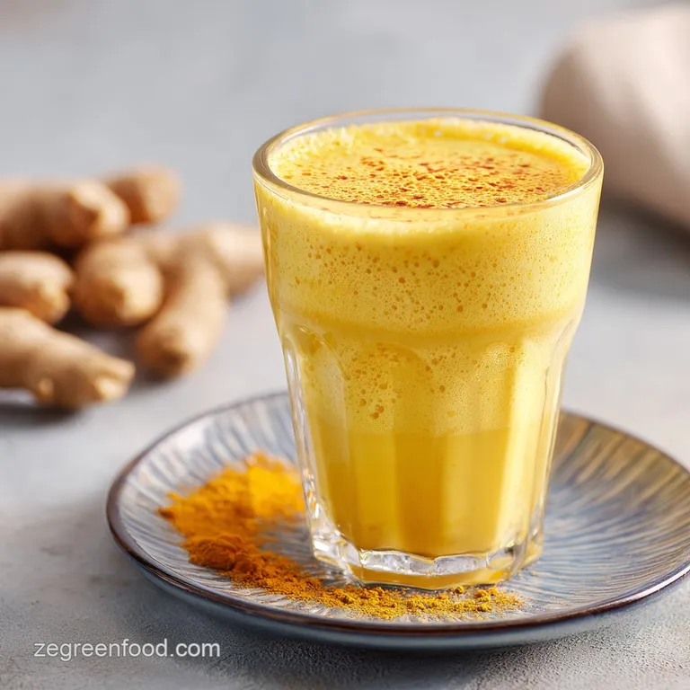 Smoothie in a sleek glass next to fresh ginger and turmeric root on a bright white counter. Minimalist & healthy presentat...