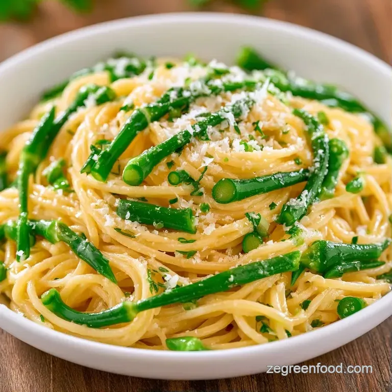 Swirl of pale pasta topped with vibrant green garlic scapes and shaved parmesan on a minimalist white plate.