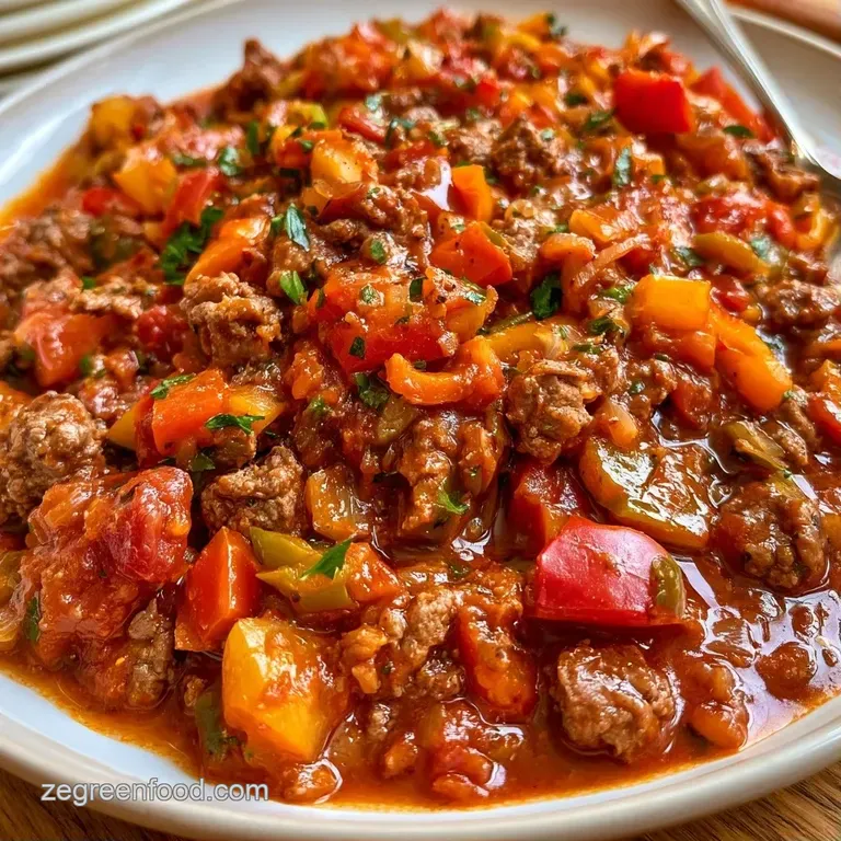 Steaming scoop of beef and multi-colored peppers in a shallow bowl, topped with melted golden cheese and herbs.