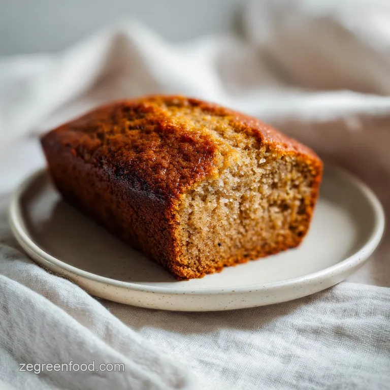 A thick slice of banana bread, lightly toasted and drizzled with a creamy glaze, on a rustic ceramic plate.