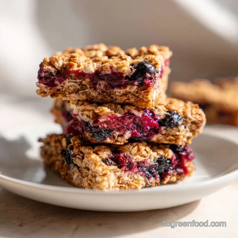 A slice of blueberry breakfast bar, artfully arranged with a dusting of powdered sugar and fresh mint.