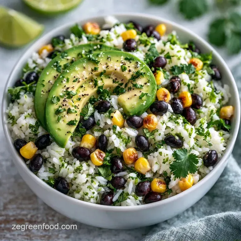 Artfully plated bowl of golden corn, black beans, and sliced avocado topped with fresh cilantro and a lime wedge.
