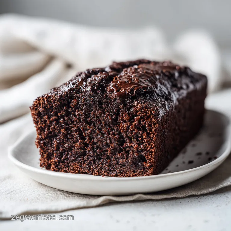 A thick slice of chocolate zucchini bread, drizzled with glossy vegan ganache, on a white plate.