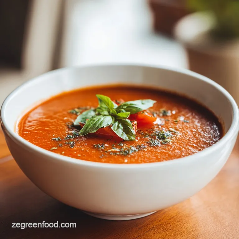Smooth, ruby-red tomato soup drizzled with coconut cream & bright basil chiffonade in a modern white bowl on a rustic wood...