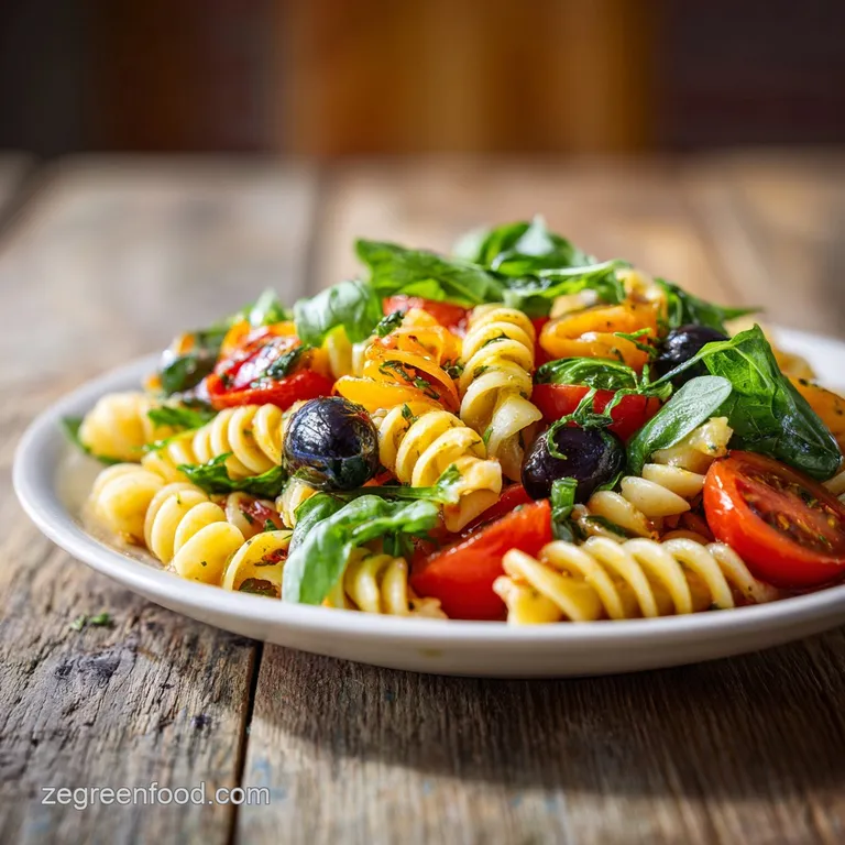 Elegant portion of vegan pasta salad. Al dente noodles, colorful veggies, and fresh herbs tossed in a tangy Italian dress...