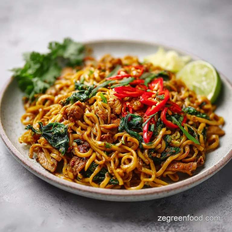A generous mound of savory, caramelized noodles piled high, garnished with fresh cilantro and a sprinkle of toasted sesame...