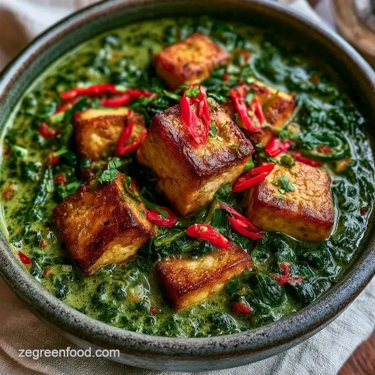 Vibrant green curry in a rustic clay bowl, topped with a swirl of white coconut cream and a fresh cilantro leaf.