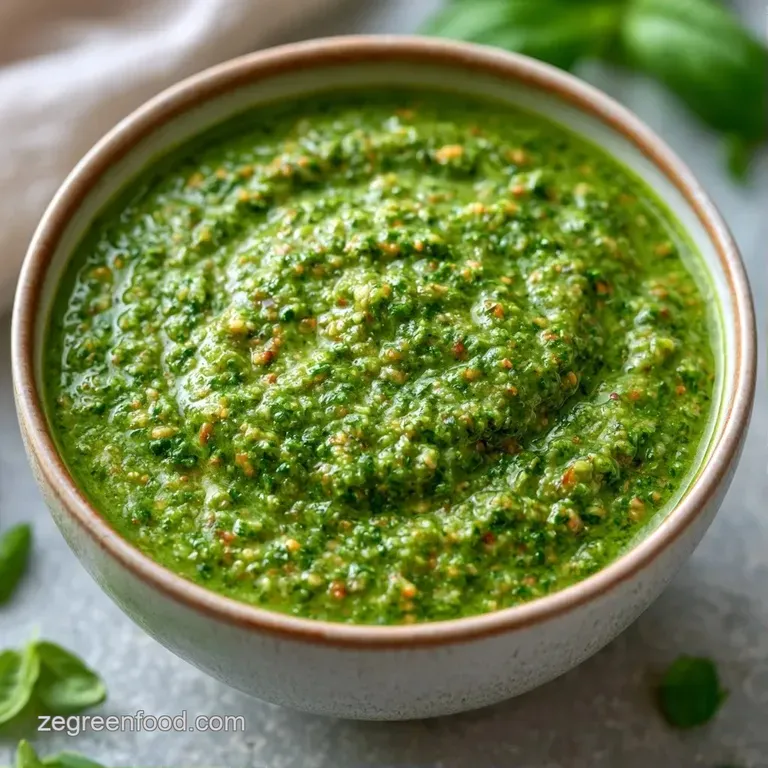 Creamy green herb sauce elegantly swirled on a white plate, garnished with toasted nuts and fresh basil leaves.