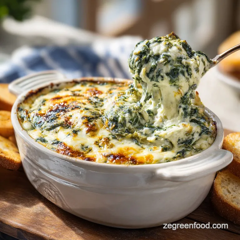 Creamy vegan spinach artichoke dip served in a small bowl with crusty bread slices.