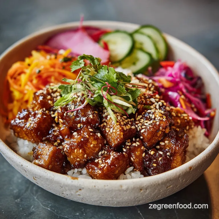 A beautifully arranged vegan poke bowl featuring glistening tofu, vibrant greens and contrasting bright pink pickled ginger.