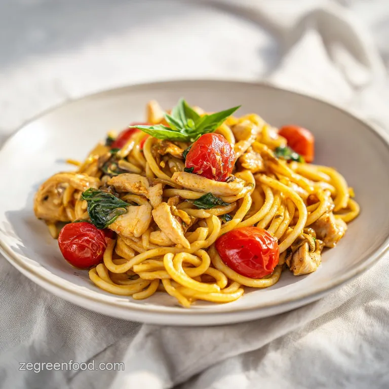 A fork lifting creamy, tomato-coated pasta strands with dark green spinach against a clean white plate. Appetizing & invit...