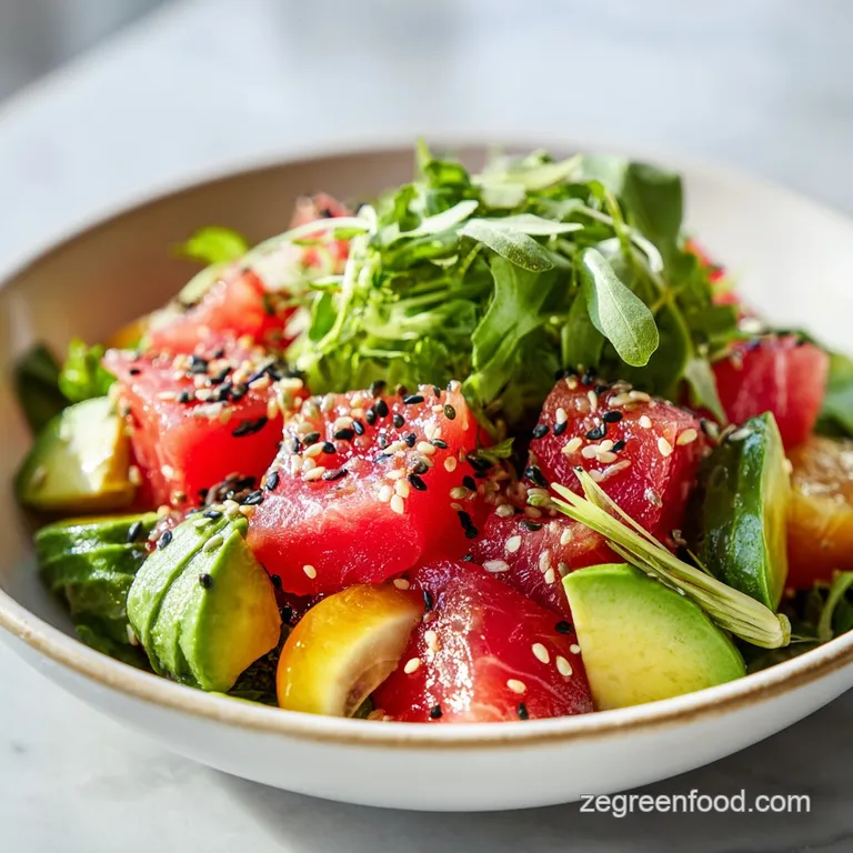 Elegant poke bowl featuring vibrant watermelon cubes, creamy avocado, and a sprinkle of sesame seeds atop fluffy rice.