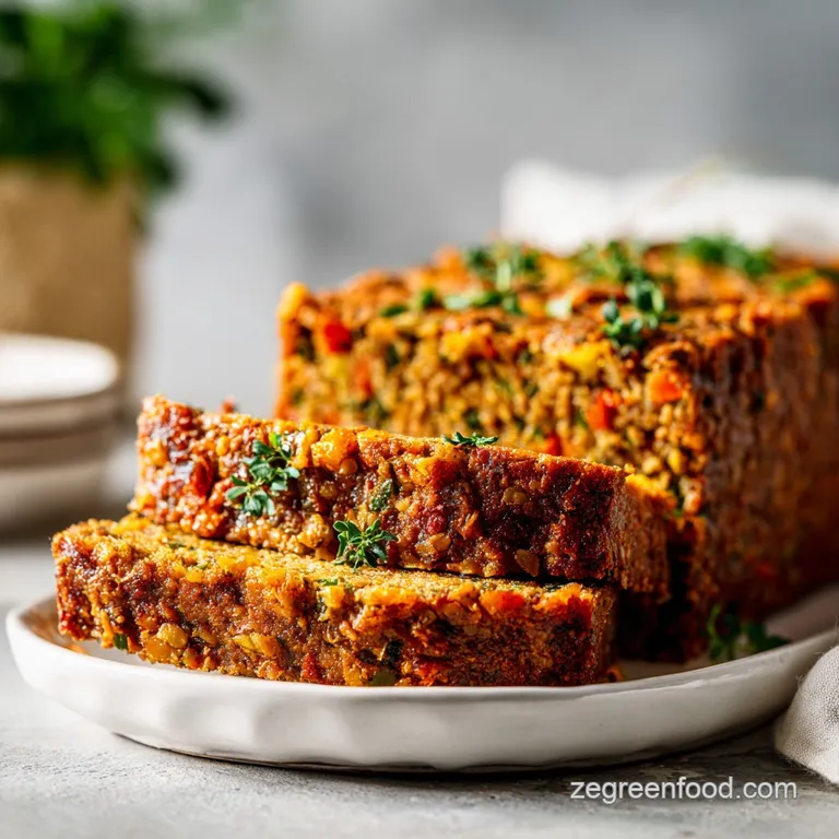 Sliced lentil loaf arranged elegantly with vibrant roasted root vegetables and fresh herbs.
