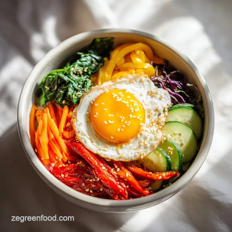 Elegant bibimbap plating: Neat mounds of bright veggies & seasoned rice surrounding a sunny-side egg, drizzled with sauce.