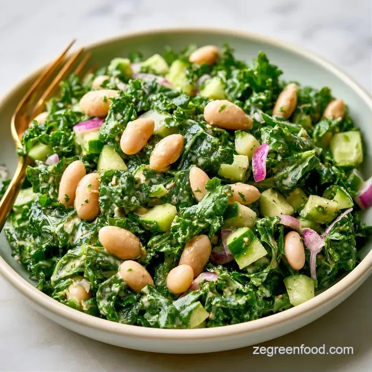 Vibrant curly greens and ivory beans artistically arranged in a shallow bowl with a drizzle of golden olive oil.