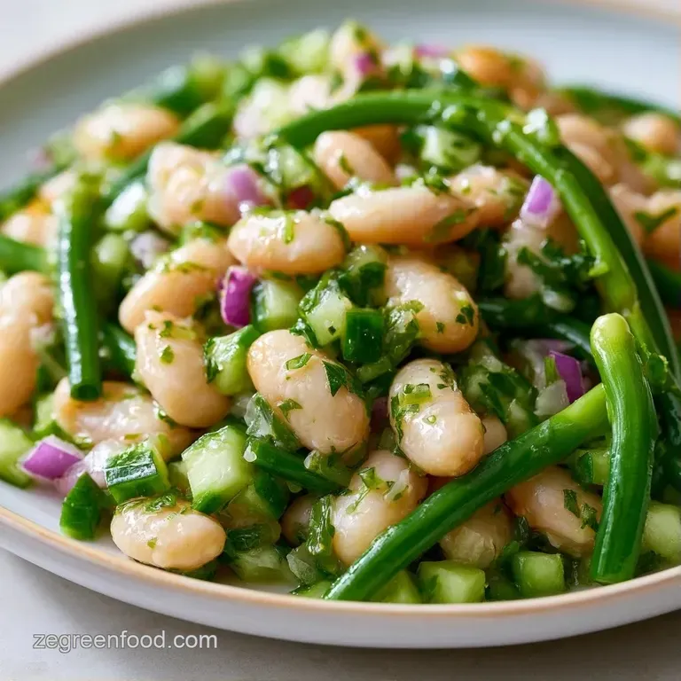 A vibrant medley of ivory beans and curly green scapes served in a shallow ceramic bowl with a drizzle of oil.