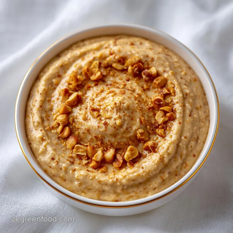 A small white porcelain bowl of velvety cream spread, garnished with a whole roasted hazelnut and a fresh mint leaf.