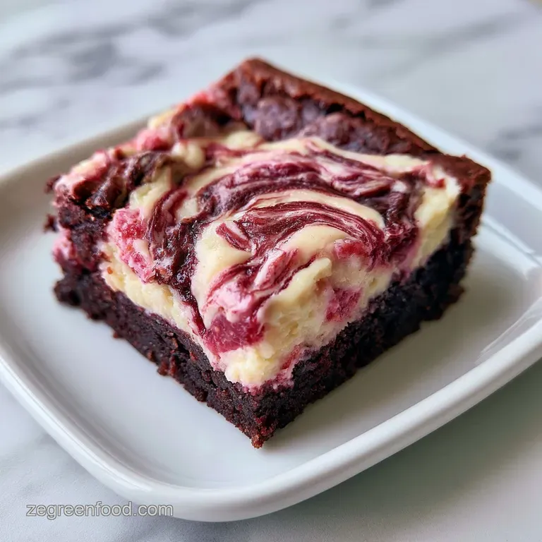 Neatly sliced chocolate squares with creamy white ribbons and red berry accents on a minimalist white platter